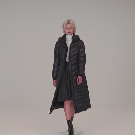 Glossy Belted Maxi Puffer Coat